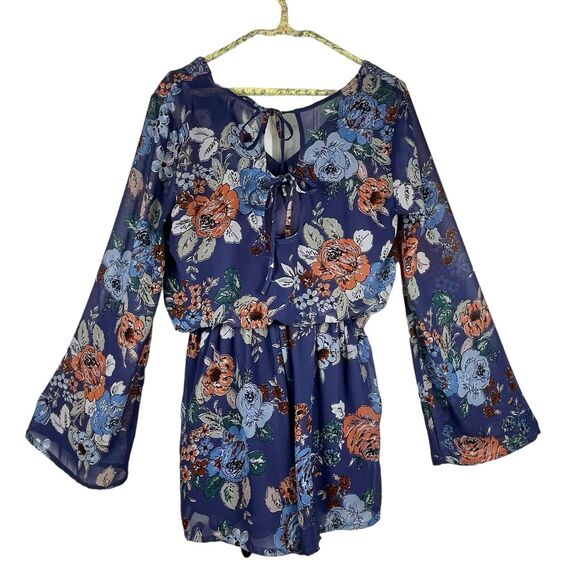 O'Neill Dark Floral Romper Shortall Size Med 1 Piece Blouson Romantic Boho Blue - Picture 2 of 16